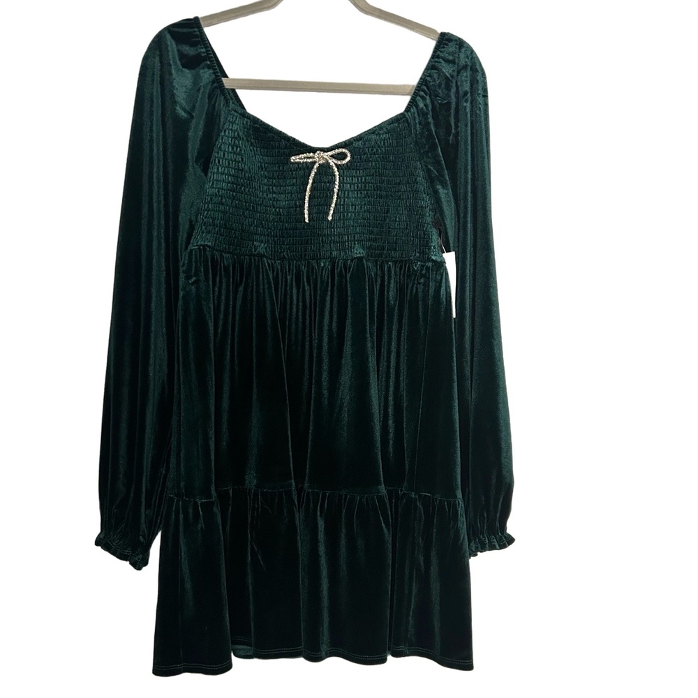 NWT Midnight Doll Dark Green Velvet Babydoll Long Sleeve Dress Size M